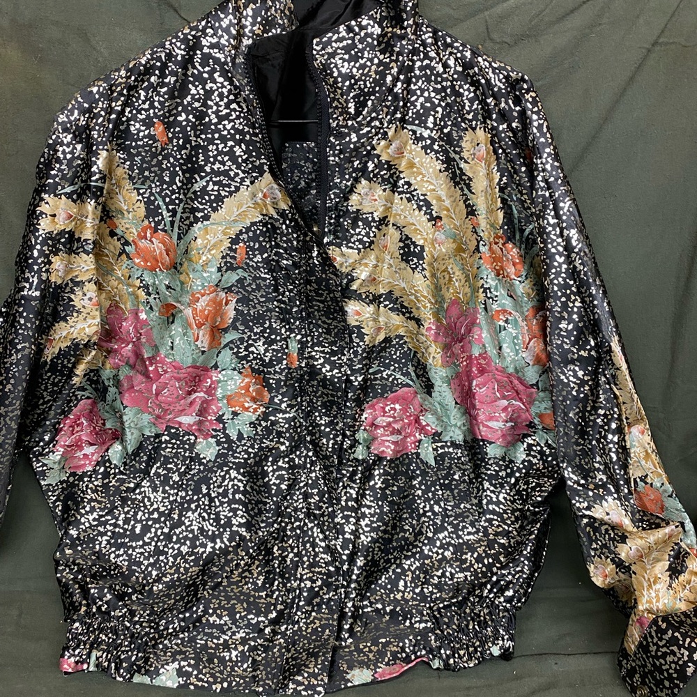 Vintage Jella Floral Reversible Bomber Jacket Roses & Feathers/Black Satin